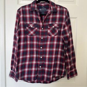 American Rag Plaid Flannel Shirt Men’s Small Red Blue Button Down Grunge Skater